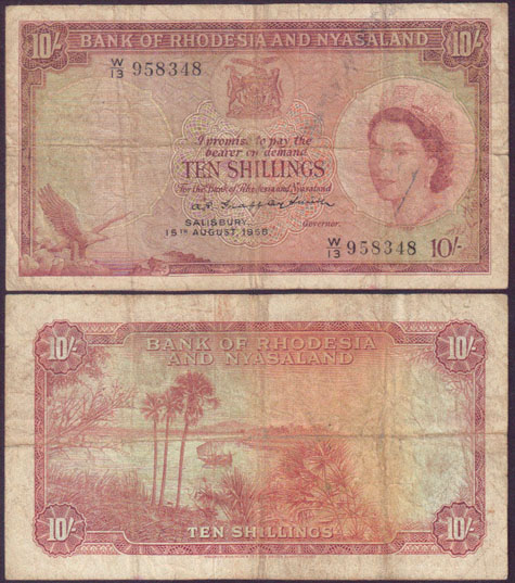 1958 Rhodesia Nyasaland 10 Shillings (Fine)